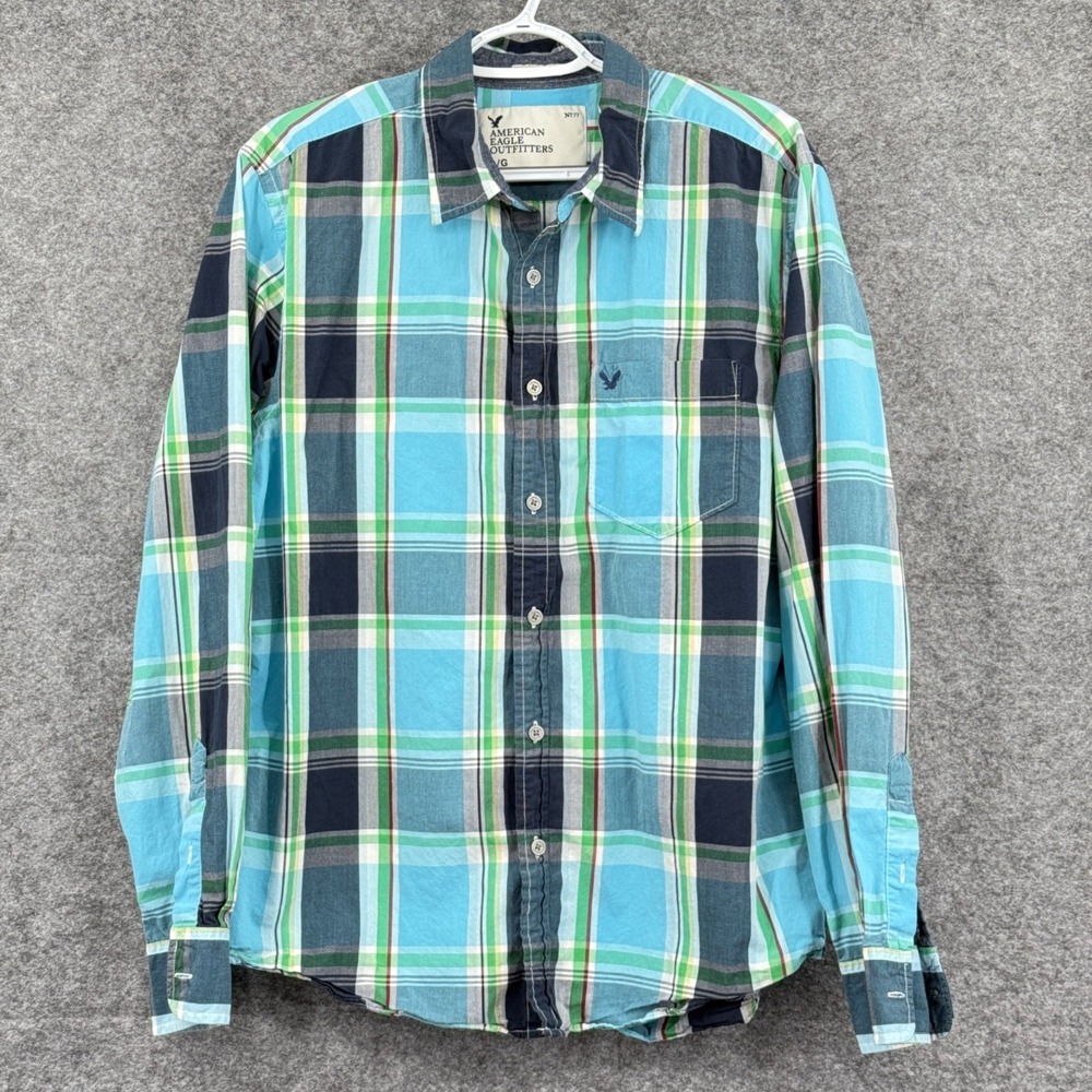 American Eagle Outfitters Mens Athletic Fit Plaid Button-Up Shirt‎ L Blue Green